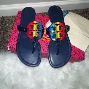 Tory Burch Navy Sandals with Multicolor Logo